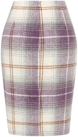 IDEALSANXUN Plaid Skirts for Women Fall Winter Knee Length Pencil Wool Skirt with Slit