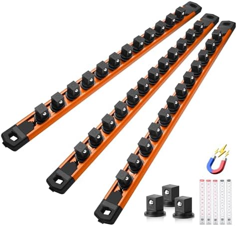 Reniteco Magnetic Socket Organizer Set, 3-Pack 1/2” Socket Rails | 36 Clips, Heavy-Duty Aluminum Alloy Rails, 360° Swivel Removable ABS Clips, Magnetic Base, Toolbox Drawer or Wall Mount