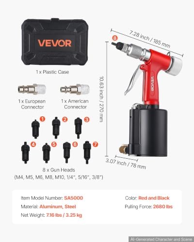 VEVOR Pneumatic Rivet Nut Gun Kit with 8PCS SAE & Metric Gun Heads