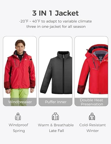 wantdo Boys' 3-in-1 Ski Jacket Fleece-Lined Winter Coat Hooded Raincoat