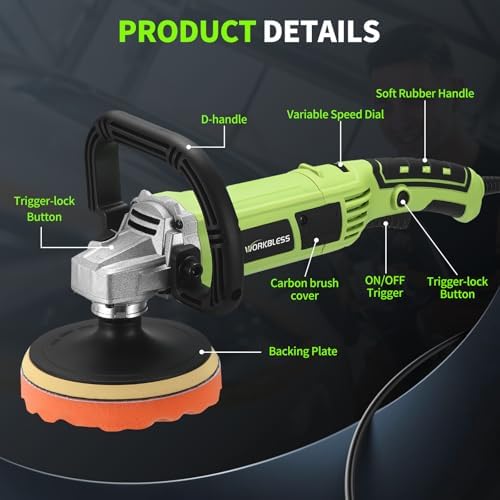 Buffer Polisher, 1600W 6 Inch/7 Inch Rotary Car Buffer Polisher Wax, 7 Variable Speed 1600-3500 RPM, Car Buffers and Polisher for Car, Boat Sanding and Polisher