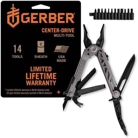 Gerber Gear Center-Drive Multitool - Includes 3.25” Outboard Knife, Pliers, Pry Bar, Bottle Opener & Awl - Comes with Bit Set & Sheath - Silver & Black