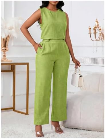 Floerns Women's 2 Piece Sets Dressy Outfits Bussiness casual Crew Neck Sleeveless Blouse and Elegant Pants Set