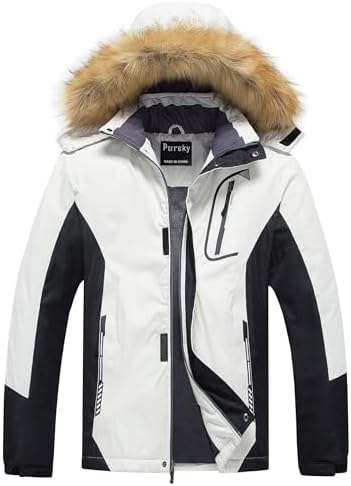 Pursky Men's Waterproof Ski Jacket Winter Snow Coats Fur Hooded Raincoats Parka