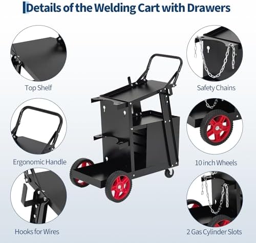 Welder Cart with Drawers, Heavy Duty Welding Cart with Safety Chains and Cylinder Slots for Mig/Tig Welder and Plasma Cutter,220 LB Weight Capacity