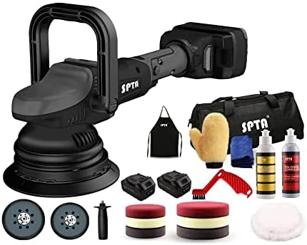 SPTA 18V Cordless Car Polisher, 15mm Orbit 2000-4800 OPM Portable Buffer Polisher with 7 Variable Speed 2Pcs 4.0Ah Battery, 6 Sponge Pads,2 Wool Pad, Tool Bag for Car Polishing, Waxing