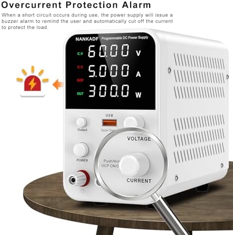 DC Power Supply Variable, Bench Power Supply with Encoder Adjustment Knob, Output Enable/Disable Button, Adjustable Power Supplies with USB Quick-Charge, Short Circuit Alam (60V 5A White)