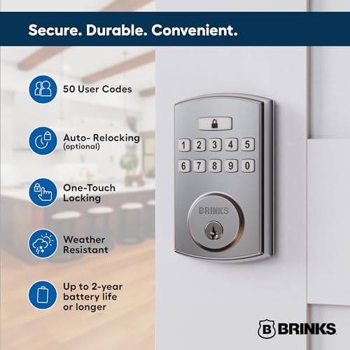 BRINKS Keyless Entry Door Deadbolt, High-Security Keypad Door Lock, 50 User Codes, Auto Locking Feature (Deadbold & Passage Knob, Satin Nickel)
