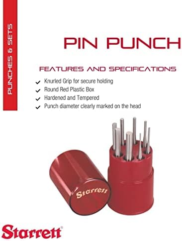 Starrett Drive Pin Punch Set, 1/16"-5/16" Dia, 4" Length, Set of 8