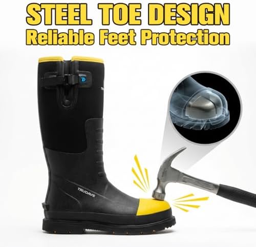 Trudave Steel Toe Rubber Boots for Men with Steel Shank, Anti Slip Waterproof Mens Mud Boots Hunting Work Boots, Durable Rain Boots for Construction, Farming, Size 6-14