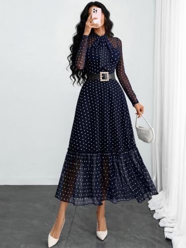 GothDark Polka dot Dress for Women Tie Neck Bow Ruffle Fall Vintage Dress