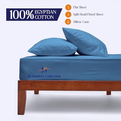 JS Sanders Collection 600TC Flex Top Queen Sheets for Sleep Number Bed - 100% Cotton 4 Pcs Top Split Queen Sheets for Adjustable Bed Queen 30 Inch Down Mediterranean Blue - 18 Inch Deep