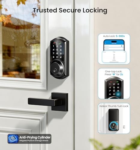 Veise VE06-L Smart Deadbolt Lock with 2 Lever Handle Set, Matte Black | App & Fob Control, Electronic Digital Touchscreen Keypad, Remote Access Sharing, Keyless Entry for Front Door, Auto Lock