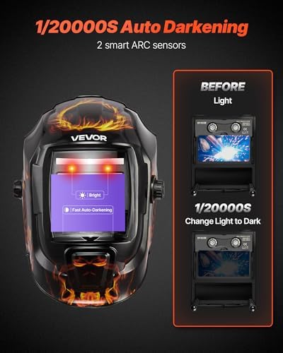 VEVOR Welding Helmet Auto Darkening, 3.66" x 1.69" True Color Welding Hood, Solar-Powered Welder Mask 2 Arc Sensors, Shade 4/9-13 for TIG MIG ARC Weld Grinding - CRIUS Series (Yellow Flame Pattern)