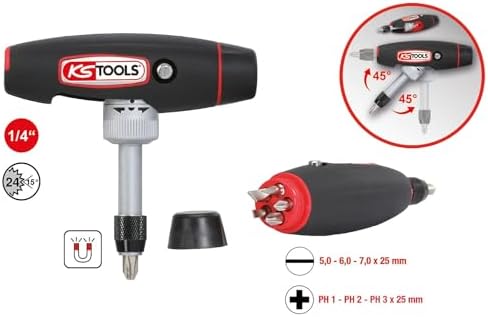 KS Tools T-Handle Ratchet Bit Screwdriver, 1/4" Drive, Swiveling Design, 24 Teeth, 140mm, Ergonomic Handle