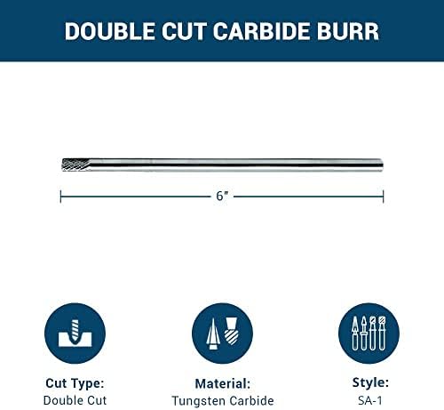 Benchmark Abrasives 6” Cylinder Shape Double Cut Tungsten Carbide Die Grinder Bits Metal Deburring Tool Rotary Burr, 1/4 Inch Shaft, Engraving Tool for Woodworking Shaping Carving (SA-1)