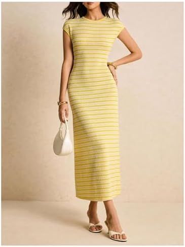 SOLY HUX Women's Striped Midi Dress Casual Work Knit Bodycon Summer Dresses