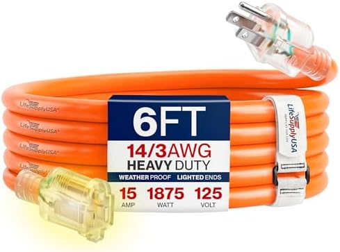 6ft Outdoor/Indoor Extension Cord 14/3 Gauge Heavy Duty 3 Prong SJTW, Waterproof, Flexible Cold-Resistant Long Power Cord,15A 125V 1875W, Orange by LifeSupplyUSA