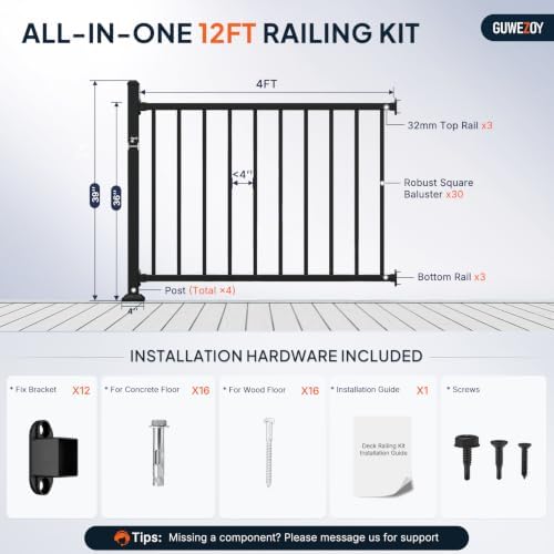 36in H x 12ft W Modular Aluminum Porch and Deck Railing Kit