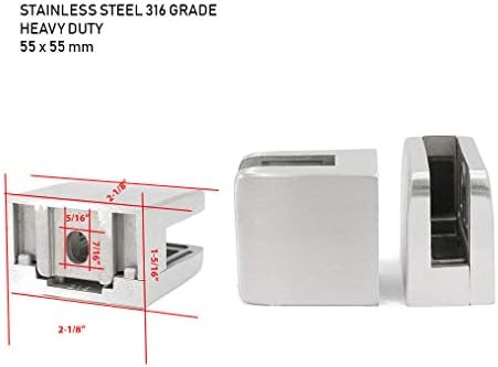 Stainless Steel 316 Square Flat Back Glass Clamp 55 x 55 mm for 3/8" - 1/2" Tempered Glass or Laminated Glass, Satin Brush Finish, GC-056S, 40 Pieces