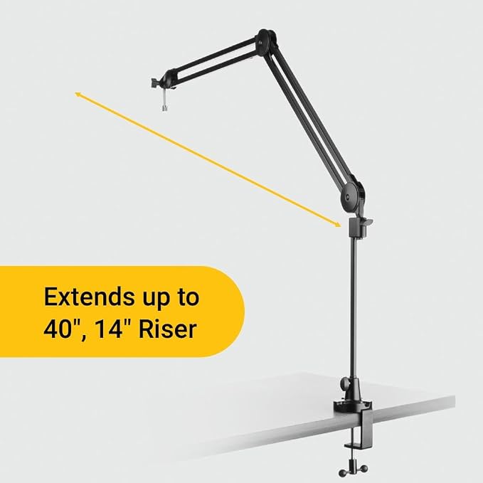 Two-Section Broadcast Microphone Boom Arm with Internal Springs Integrated XLR Cable, 40" Reach Desk Clamp, 360° Rotation, C-Clamp Mount and 14" Riser for Podcast Streaming Recording