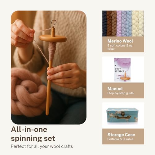 DICHA 3 Inch Drop Spindle Kit- High Low Whorl Wooden Spindles with 8 Oz Merino Wool/Top and Instructions-Weaving Spinning Wheels for Beginners-All in A Gift Box-Perfect Spinner Gifts