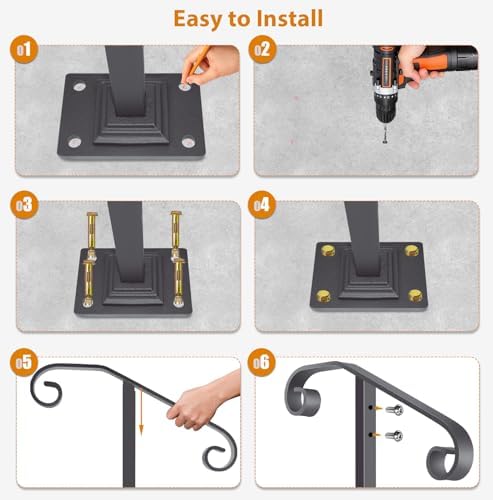 Wrought Iron Handrail 38.8" H, Single Post Handrail Fits 1 or 2 Steps | Sturdy Outdoor Stair Railing for Concrete&Wooden Steps with Base, Stair Handrails, Grab Rail for Steps Porch, Gray