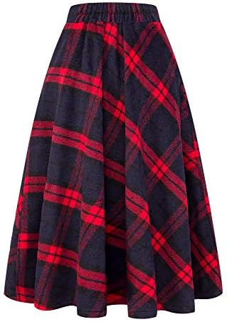 IDEALSANXUN Womens Plaid Wool Skirts Elastic Waist A-Line Pleated Tartan Long Skirts