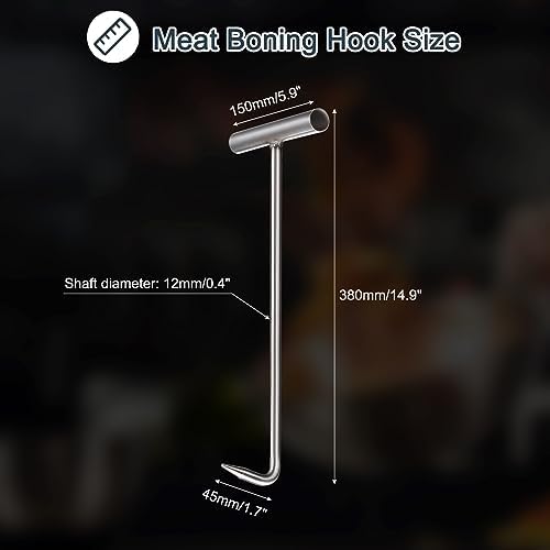 uxcell 2Pcs 15inch T-Handle Meat Boning Hook with Wide Handle, Stainless Steel T Hooks for Kitchen, Butcher Shop, Restaurant, BBQ Tool, Silver