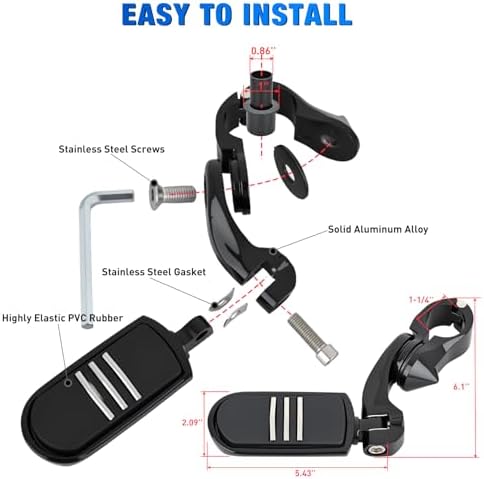 Nilight 1-1/4" Motorcycle Highway Pegs For Harley Davidson Touring Road King Street Glide Sportster Adjustable Short Angled Foot Pegs Universal For 1.25" Engine Guard Crash Bars Highway Footpegs Black