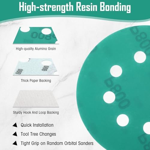 500 Pcs 5 Inch 8 Hole Sanding Discs, 600/800/1000/1500/2000, Green
