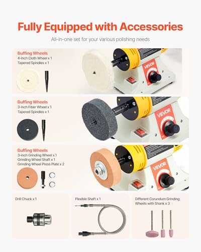 VEVOR Bench Buffer Polisher, 1/2HP Polishing Buffing Machine, 0 to 8000RPM Benchtop Polisher Grinder with 4" Cloth Wheel, 3" Grinding Wheel & 3" Fiber Wheel for Metal, Jewelry, Wood and Plastic