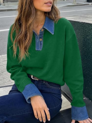 Saodimallsu Womens Denim Patchwork Sweaters V Neck Polo Pullover Tops