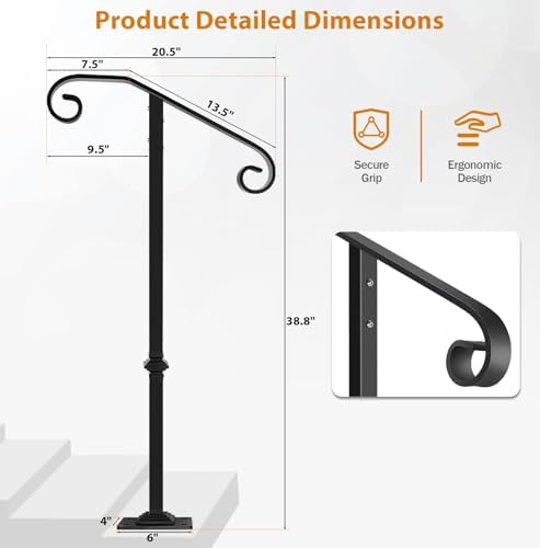 Handrail Railing, Single Post Handrail, Sturdy Outdoor Handrails with Base, Wrought Iron Stair Handrail Fits 1 or 2 Steps, Grab Rail for Steps Porch, Black | Wrought Iron Stair Handrail, Grab Rail for Steps Porch, Sturdy Outdoor Handrails with Base, Black