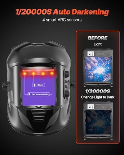 VEVOR Welding Helmet Auto Darkening, 3.94" x 3.74" True Color Welding Hood, 1/1/1/1 Solar-Powered Welder Mask 4 Arc Sensors, Wide Shade 4/5-9/9-13 for TIG MIG ARC Weld Grinding Cutting - METIS Series