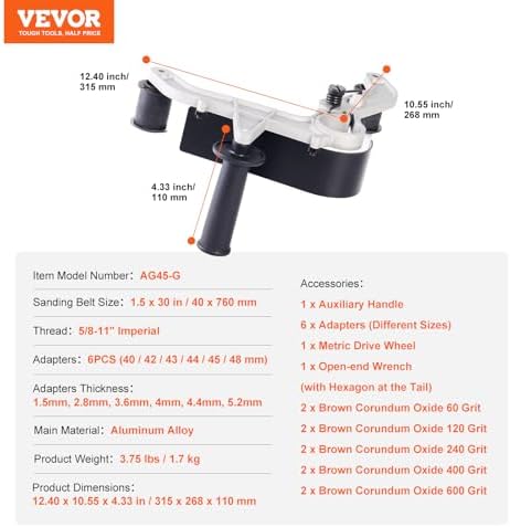 VEVOR Belt Sander Adapter for Angle Grinder, US 5/8-11 Thread Pipe Tube Sanding Attachment with 10PCS Sanding Belts (60/120/240/400/600 Grits) for Metalworking, Rust Removal