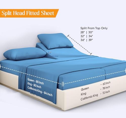 JS Sanders Collection 600TC Flex Head Queen Sheets for Sleep Number Bed - 100% Cotton 4 Pcs Split Head Queen Sheets for Adjustable Bed, Queen 34 Inch Down Mediterranean Blue -18 Inch Deep