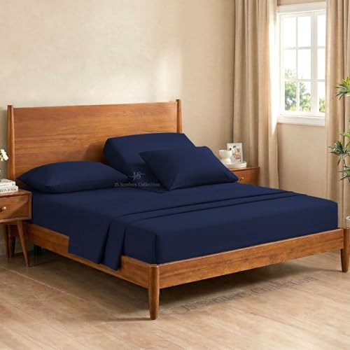 JS Sanders Collection 600TC Flex Top King Sheets for Sleep Number Bed - 100% Cotton 4 Pcs Top Split King Sheets for Adjustable Bed, King 34 Inch Down Navy Blue -18 Inch Deep