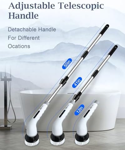 Electric Spin Scrubber, Shower Scrubber Cordless Cleaning Brush with 8 Replaceable Brush Heads and Squeegee，Adjustable Extension Handle 2 Speeds Electric Cleaning Brush for Bathroom, Tub, Tile，Kitchen