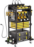 VEVOR 4-Tier Tool Organizer Cart with Charging Station, 8 AC Outlet, Floor Stand Rolling Drill Holder and Tool Battery Storage Rack on Wheels, Garage Floor Rolling Storage Cart for Workshop, Garage