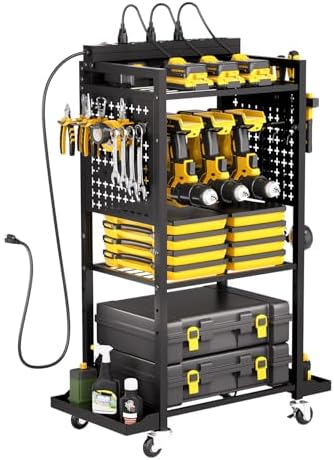 VEVOR 4-Tier Tool Organizer Cart with Charging Station, 8 AC Outlet, Floor Stand Rolling Drill Holder and Tool Battery Storage Rack on Wheels, Garage Floor Rolling Storage Cart for Workshop, Garage