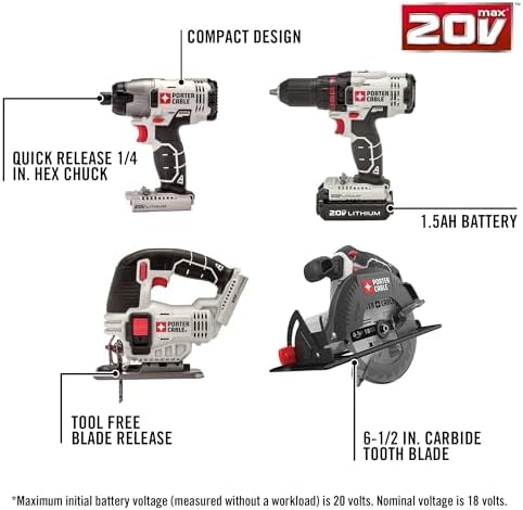 PORTER-CABLE 20V MAX Lithium Ion 8-Tool Set, 2 Batteries & Charger Included (PCCK6118)