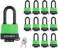 SEDORTI Colored Waterproof Padlocks, Green-Covered Laminated Steel Lock, Same Color with Same Key, Keyed Alike Outdoor Locks, Can Be Used as Lockout Tagout Lock, Long Padlocks, Pack of 12