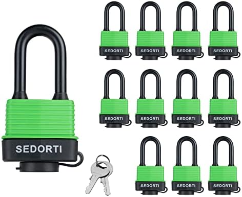 SEDORTI Colored Waterproof Padlocks, Green-Covered Laminated Steel Lock, Same Color with Same Key, Keyed Alike Outdoor Locks, Can Be Used as Lockout Tagout Lock, Long Padlocks, Pack of 12