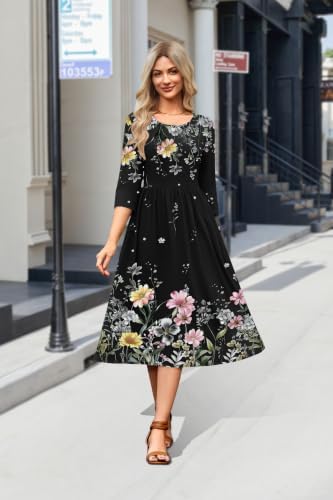 Zeagoo 3/4 Sleeve Women's Dress Casual Aline Summer Fall Midi Long Dresses