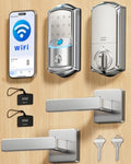 Veise VE027-L WiFi Smart Lock with Handles Set for Front Door, Satin Nickel | Remote APP Control, Fingerprint Voice & Fob Unlock, Touchscreen Keyless Entry Door Lock with Lever, No Hub Need, Auto Lock