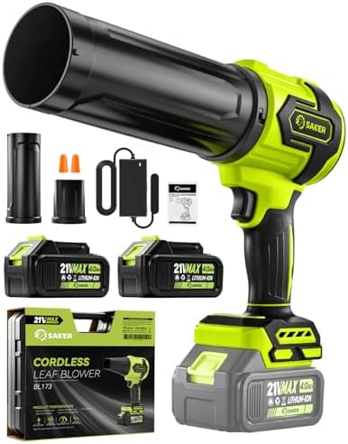 Saker Cordless Leaf Blower Portable Dust Cleaner with 2 Extended Nozzle Handheld Blower Air Duster with Adjustable Speed for Lawn Care Car Drying 2 Batteries Dark Green with Case
