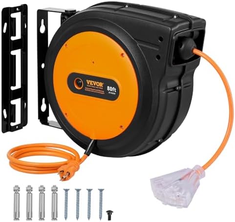 VEVOR Retractable Extension Cord Reel, 80 FT, Heavy Duty 12AWG/3C SJTOW Retractable Power Cord with Lighted Triple Tap Outlet, 15 Amp Circuit Breaker 180° Swivel Bracket for Ceiling or Wall Mount