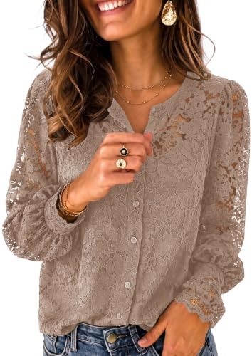 Zeagoo Long Sleeve Shirts for Women Lace Top Button Up Blouse Dressy Casual