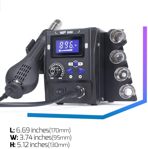 WEP 959D Hot Air SMD Soldering Rework Station with Quick-Change Nozzle System, Nozzle Holder, 5 Additional Nozzles, Adjustable Temperature, °C/°F Conversion and Buzzer Prompt